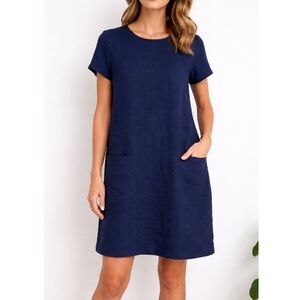 Sessun Hubertus Navy Blue Linen Blend Mini T Shirt Pocket Shift Dress Large